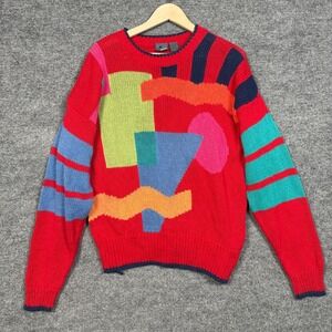 Vintage 80's Lizwear Sz Medium Sweater Red Ramie Cotton Blend Geometric Abstract
